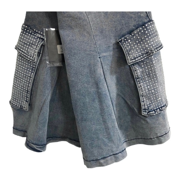 A-line crystal embellished rhinestone utility cargo style mini denim jeans skirt - Picture 11 of 15